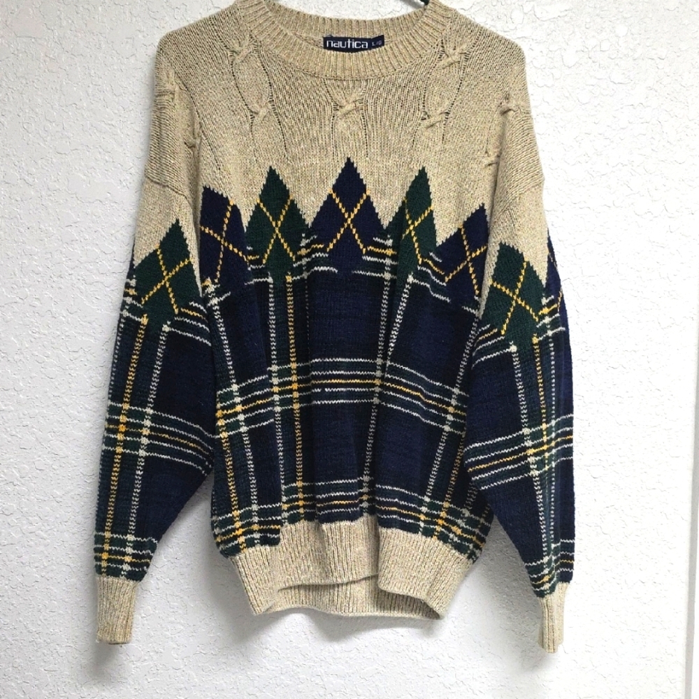 Nautica Sweater Nordic Plaid Argyle Cable Knit Mens L Vtg Linen Hemp Natural